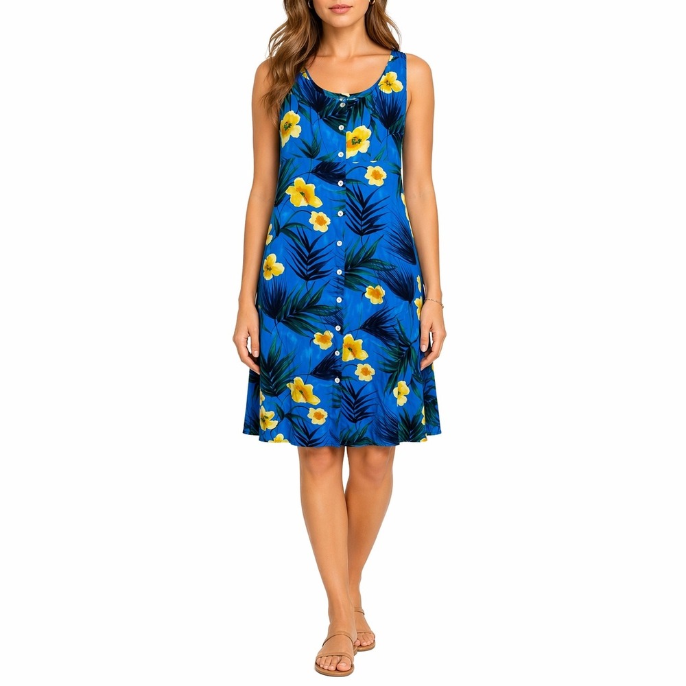 Robbie Bee Vintage Hawaiian Tropical Floral Blue Button Front Midi Dress Size 10